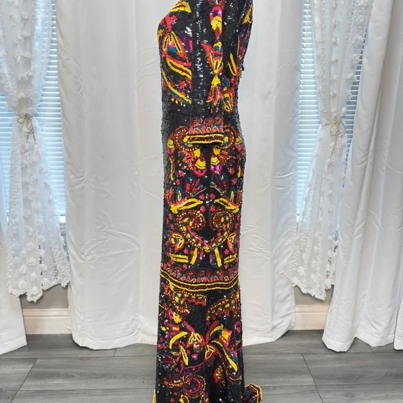 Alice and Olivia Beaded Sequin Embroidered Gown Dress Black Multicolor Size 8